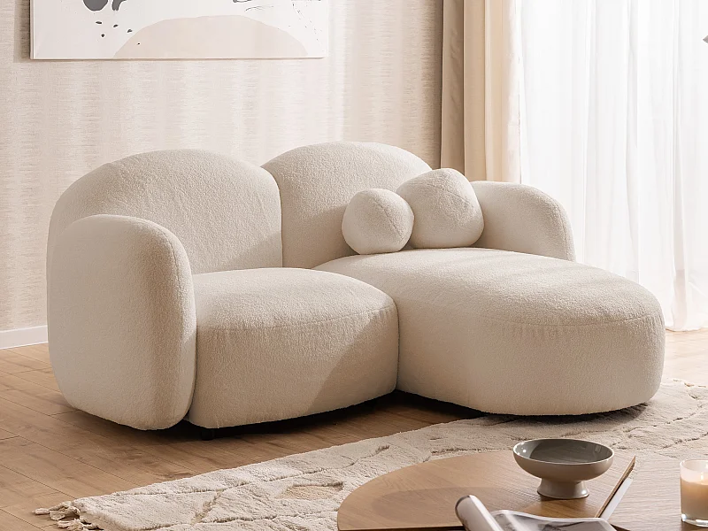 Nuvola - Moderne Ecksofa L-Form aus Hellbeige Bouclé-Stoff mit abgerundetem Design und hohem Sitzkomfort
