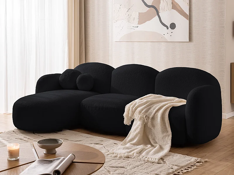 Nuvola - Moderne Ecksofa L-Form aus Schwarz Bouclé-Stoff mit abgerundetem Design und hohem Sitzkomfort
