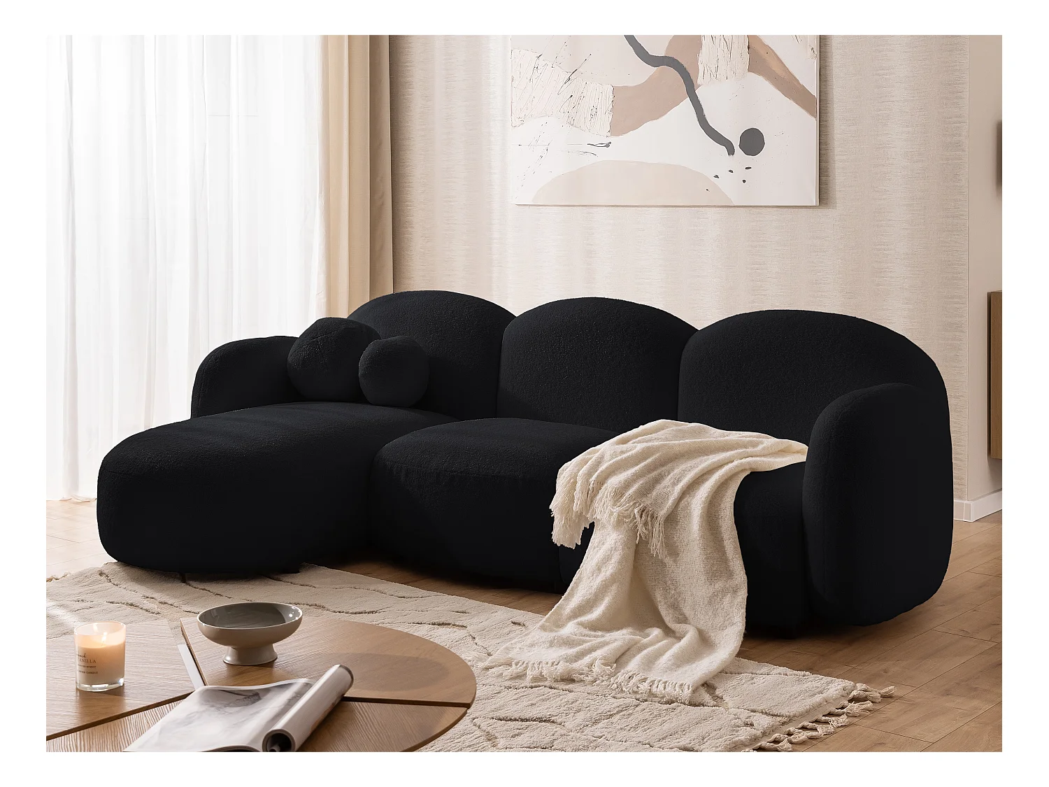 Nuvola - Moderne Ecksofa L-Form aus Schwarz Bouclé-Stoff mit abgerundetem Design und hohem Sitzkomfort