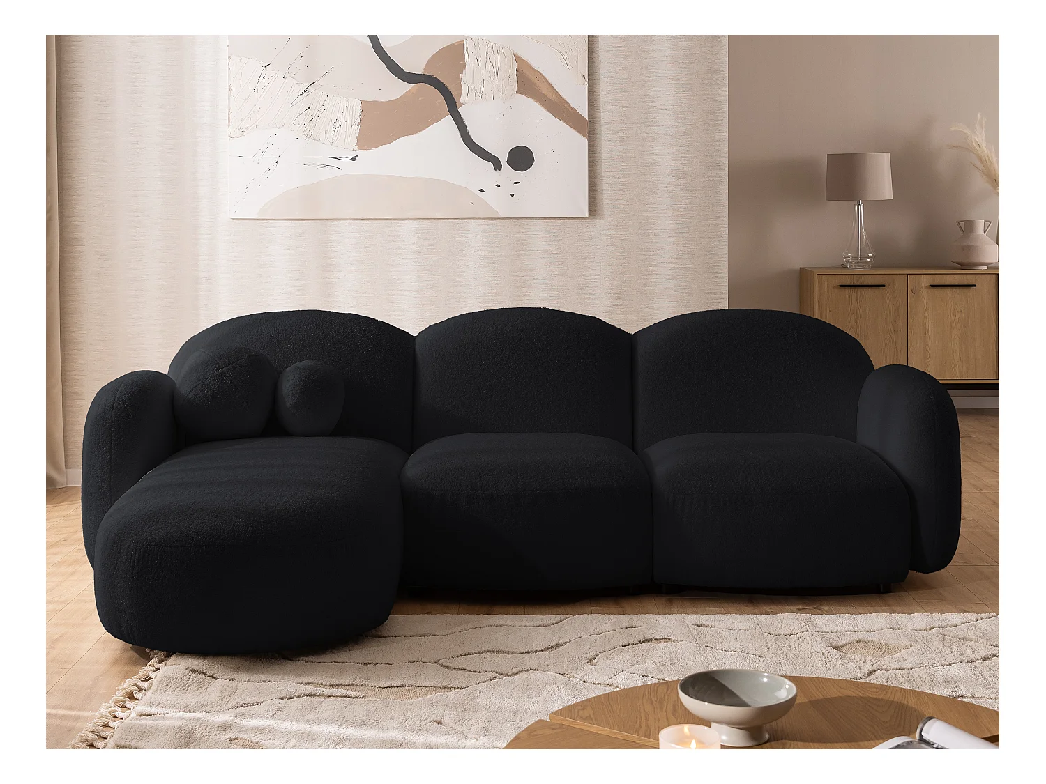 Nuvola - Moderne Ecksofa L-Form aus Schwarz Bouclé-Stoff mit abgerundetem Design und hohem Sitzkomfort