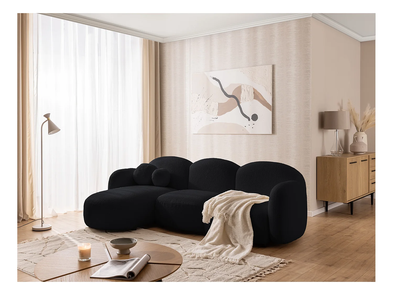 Nuvola - Moderne Ecksofa L-Form aus Schwarz Bouclé-Stoff mit abgerundetem Design und hohem Sitzkomfort