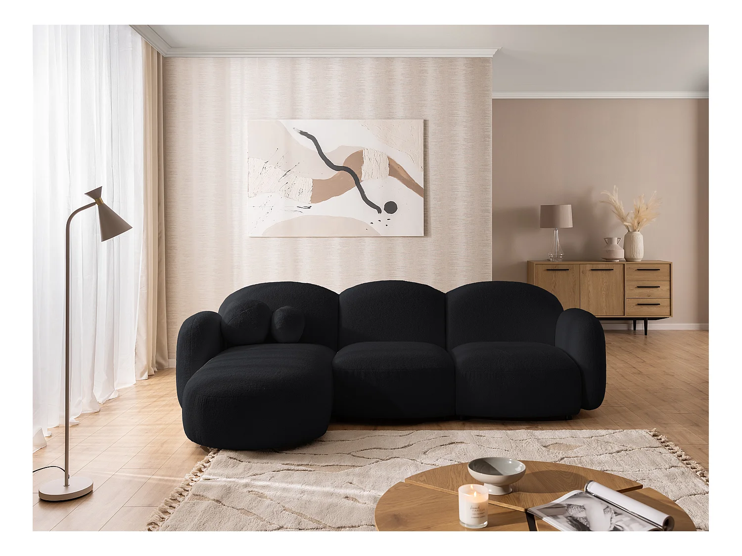 Nuvola - Moderne Ecksofa L-Form aus Schwarz Bouclé-Stoff mit abgerundetem Design und hohem Sitzkomfort