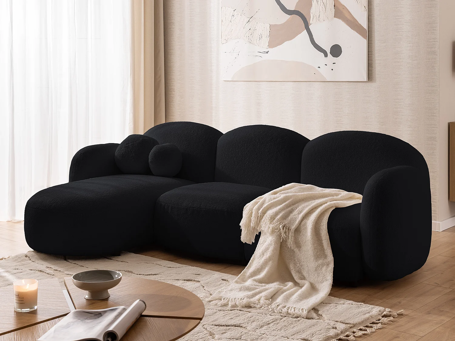 Nuvola - Moderne Ecksofa L-Form aus Schwarz Bouclé-Stoff mit abgerundetem Design und hohem Sitzkomfort