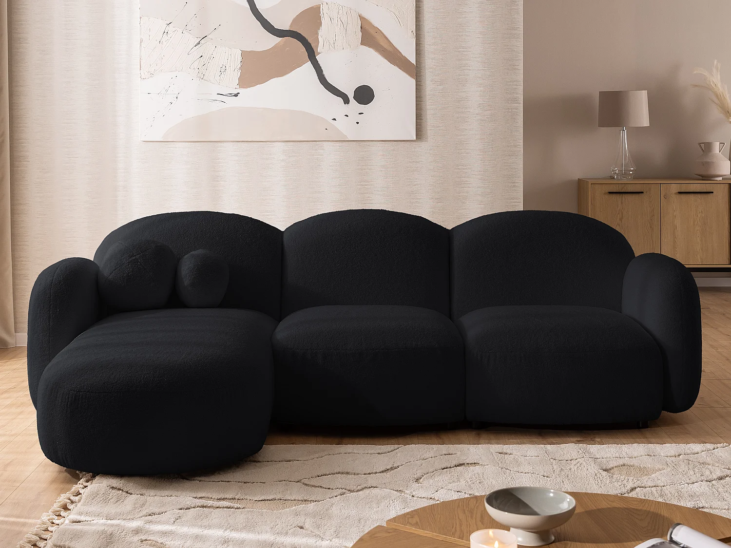 Nuvola - Moderne Ecksofa L-Form aus Schwarz Bouclé-Stoff mit abgerundetem Design und hohem Sitzkomfort