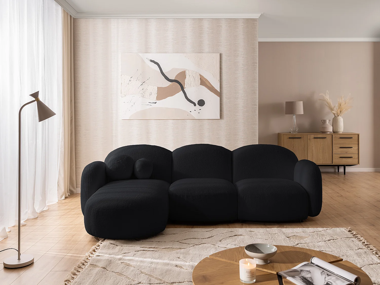 Nuvola - Moderne Ecksofa L-Form aus Schwarz Bouclé-Stoff mit abgerundetem Design und hohem Sitzkomfort