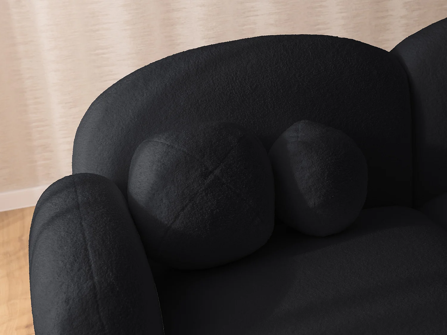 Nuvola - Moderne Ecksofa L-Form aus Schwarz Bouclé-Stoff mit abgerundetem Design und hohem Sitzkomfort