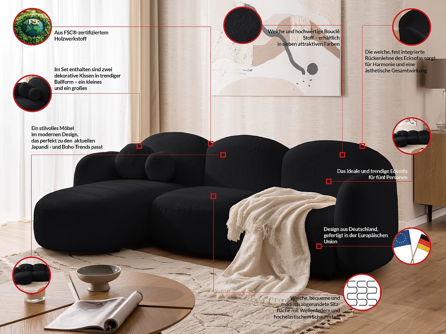 Nuvola - Moderne Ecksofa L-Form aus Schwarz Bouclé-Stoff mit abgerundetem Design und hohem Sitzkomfort