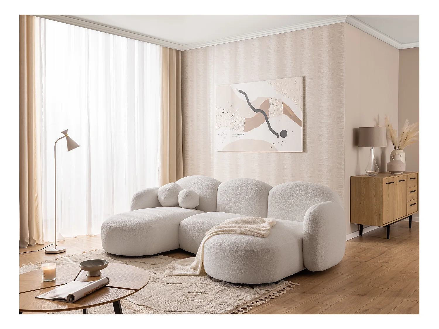 Nuvola - Moderne Wohnlandschaft aus Weiß Bouclé mit abgerundetem Design und hohem Sitzkomfort