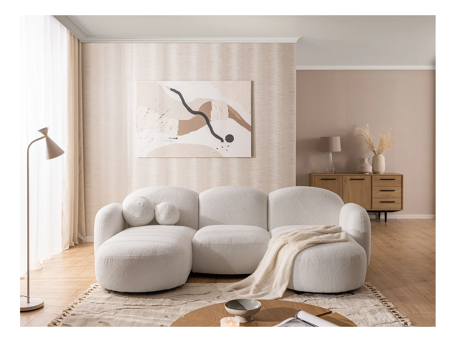 Nuvola - Moderne Wohnlandschaft aus Weiß Bouclé mit abgerundetem Design und hohem Sitzkomfort