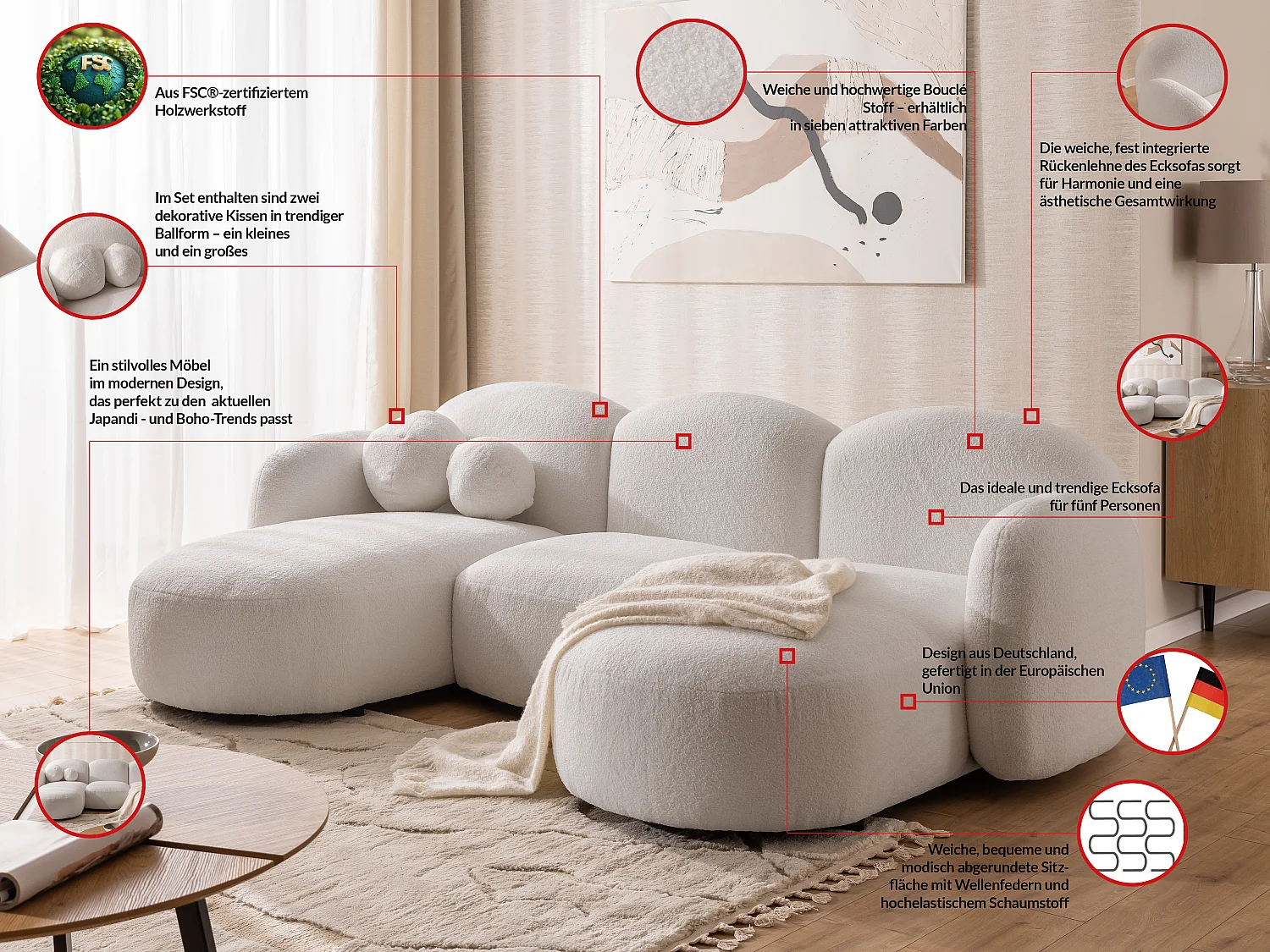 Nuvola - Moderne Wohnlandschaft aus Weiß Bouclé mit abgerundetem Design und hohem Sitzkomfort