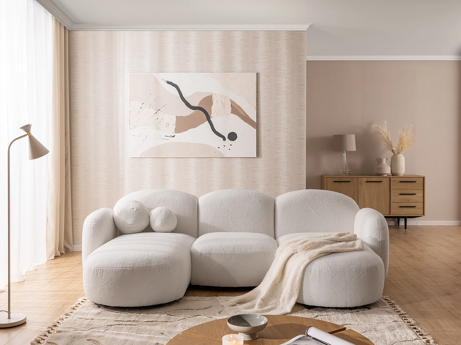 Nuvola - Moderne Wohnlandschaft aus Weiß Bouclé mit abgerundetem Design und hohem Sitzkomfort