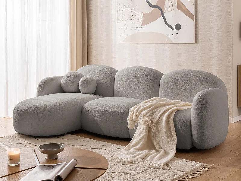 Nuvola - Moderne Ecksofa L-Form aus Hellgrau Bouclé-Stoff mit abgerundetem Design und hohem Sitzkomfort