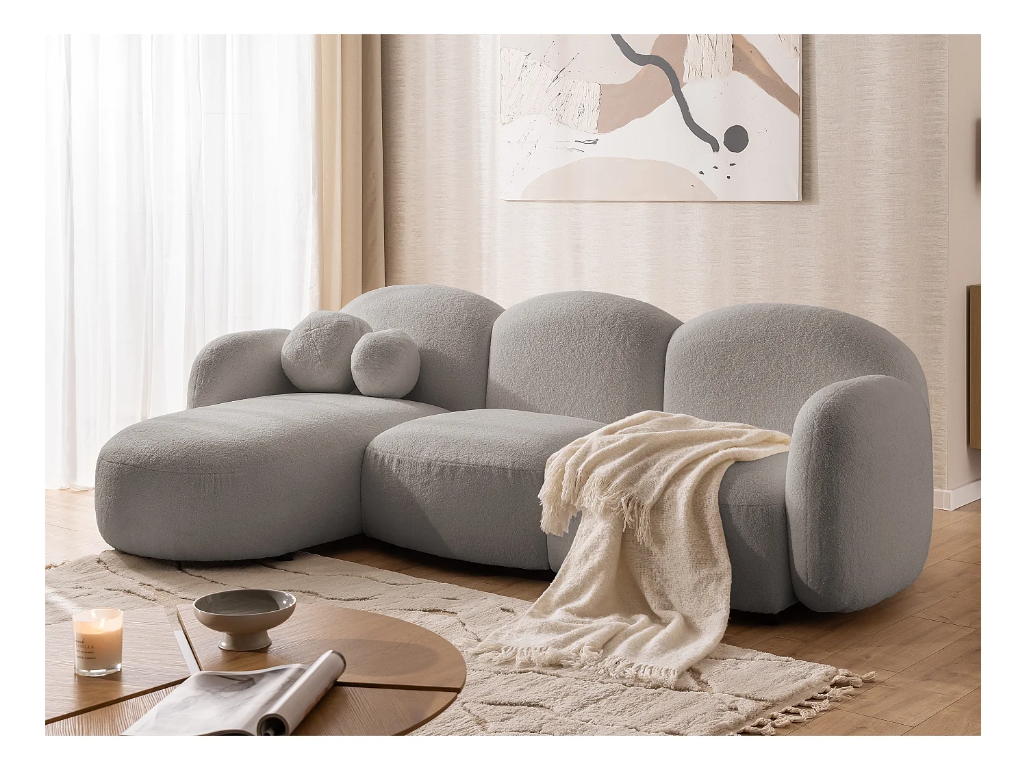 Nuvola - Moderne Ecksofa L-Form aus Hellgrau Bouclé-Stoff mit abgerundetem Design und hohem Sitzkomfort