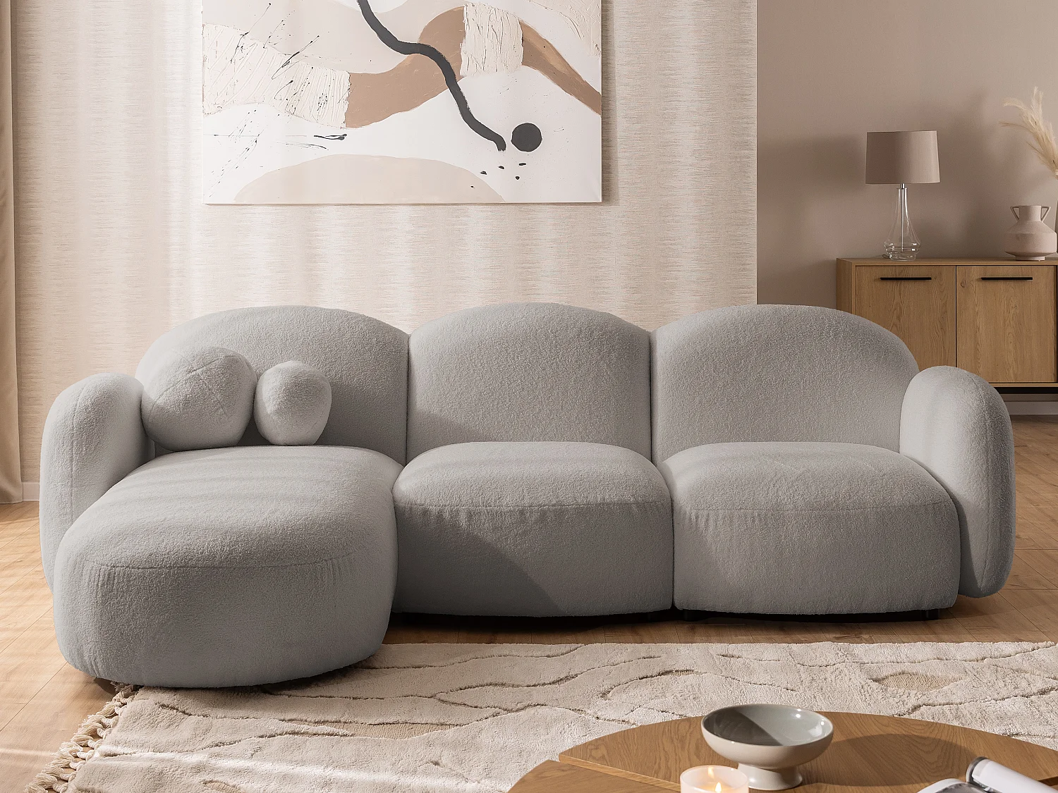 Nuvola - Moderne Ecksofa L-Form aus Hellgrau Bouclé-Stoff mit abgerundetem Design und hohem Sitzkomfort