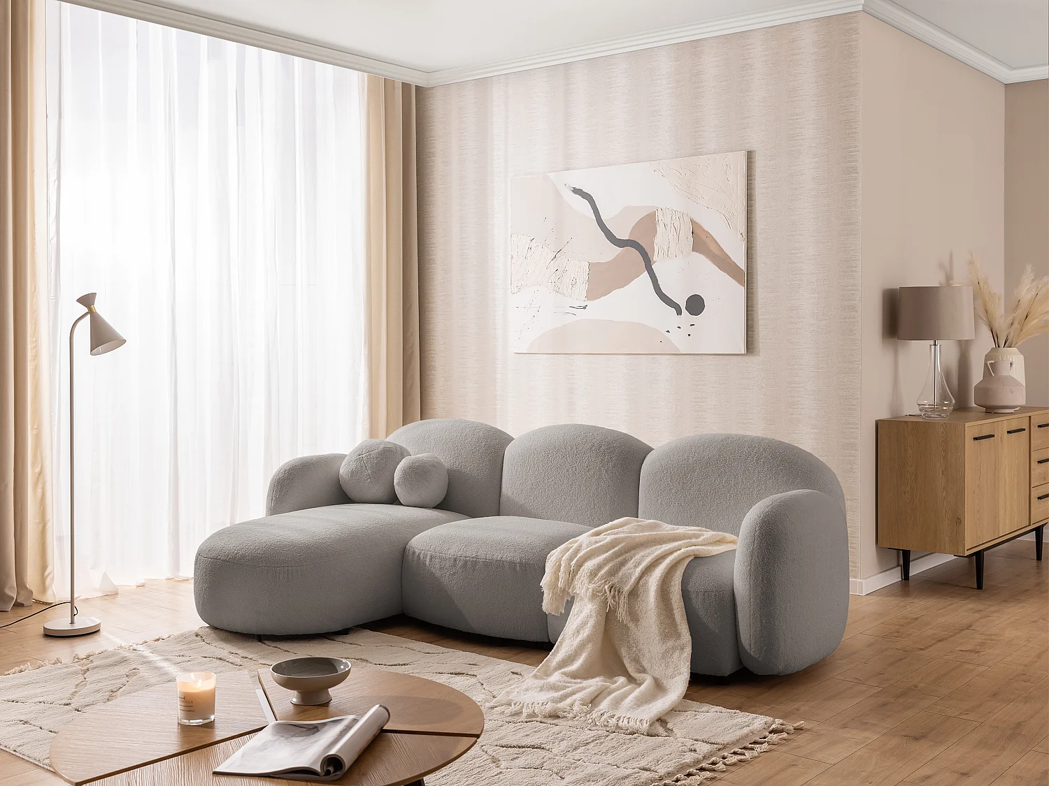 Nuvola - Moderne Ecksofa L-Form aus Hellgrau Bouclé-Stoff mit abgerundetem Design und hohem Sitzkomfort
