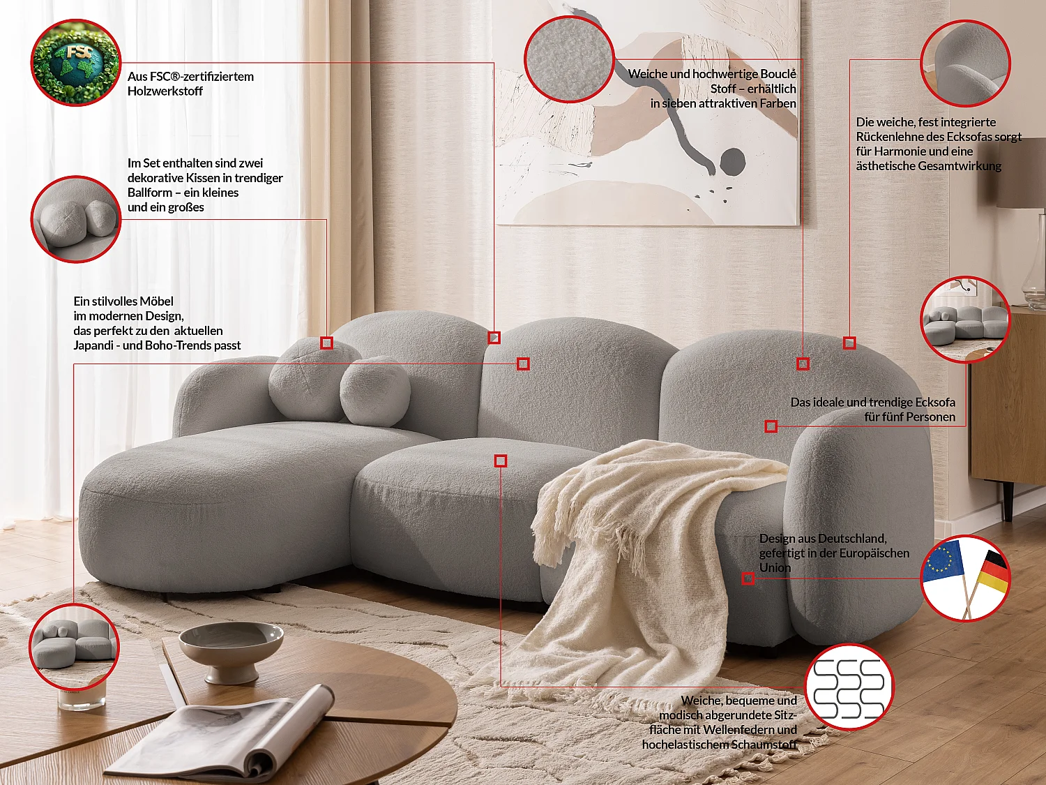 Nuvola - Moderne Ecksofa L-Form aus Hellgrau Bouclé-Stoff mit abgerundetem Design und hohem Sitzkomfort