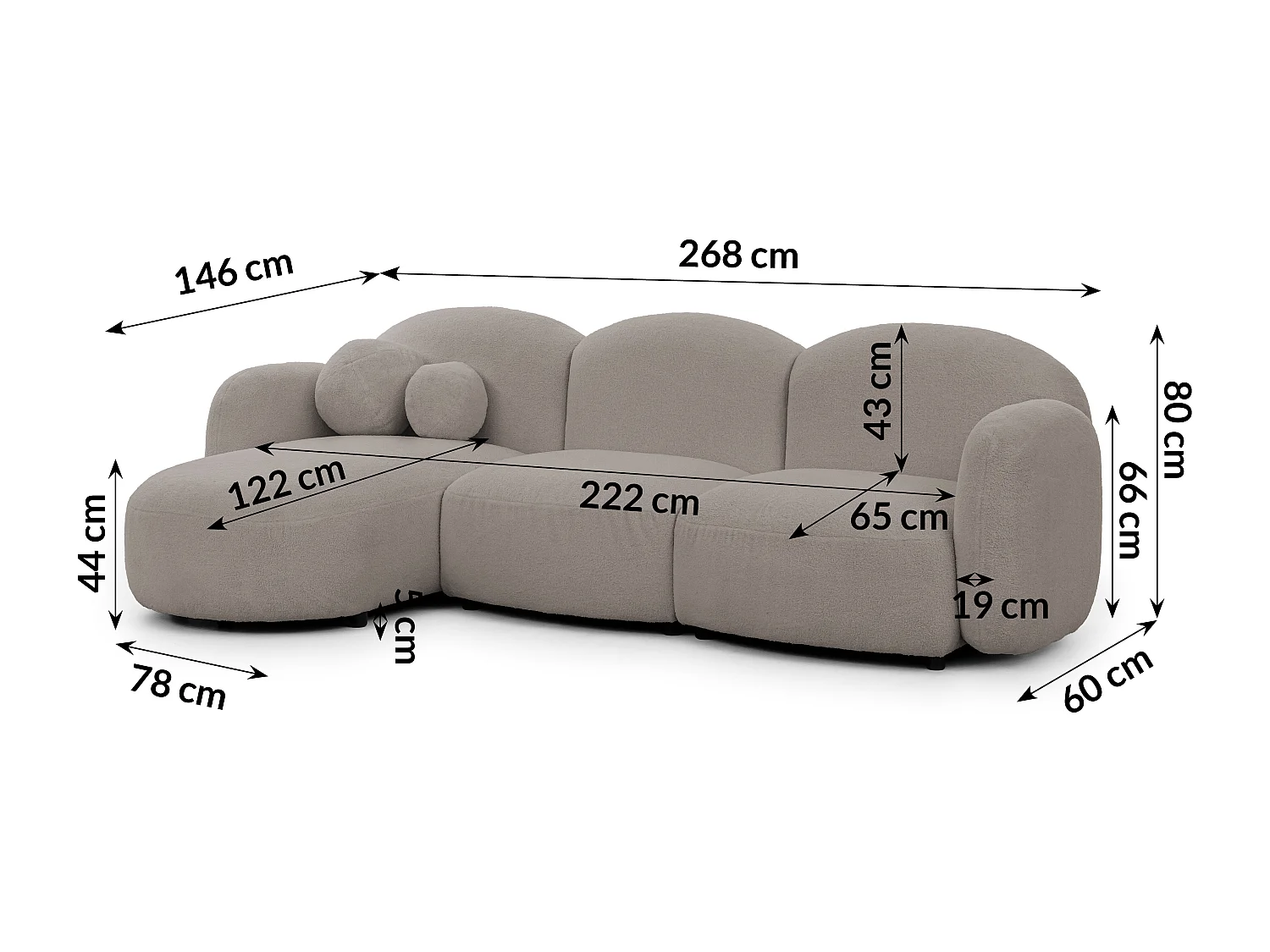 Nuvola - Moderne Ecksofa L-Form aus Hellgrau Bouclé-Stoff mit abgerundetem Design und hohem Sitzkomfort