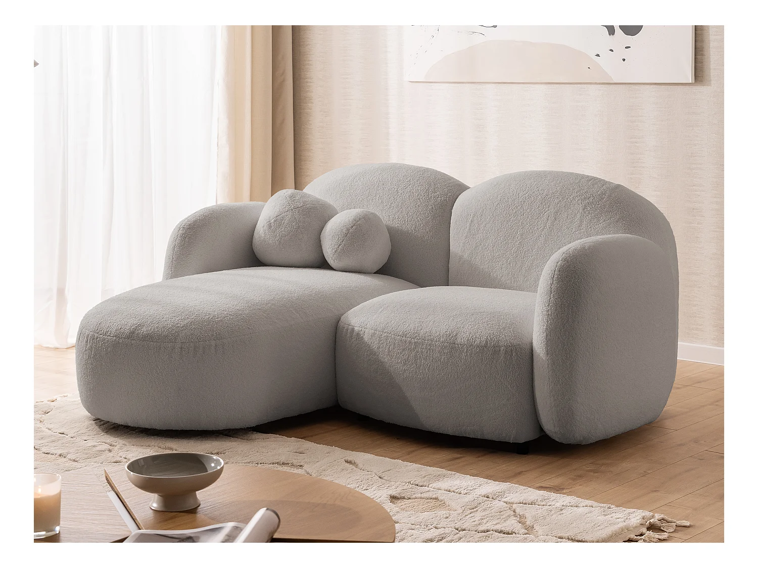 Nuvola - Moderne Ecksofa L-Form aus Hellgrau Bouclé-Stoff mit abgerundetem Design und hohem Sitzkomfort