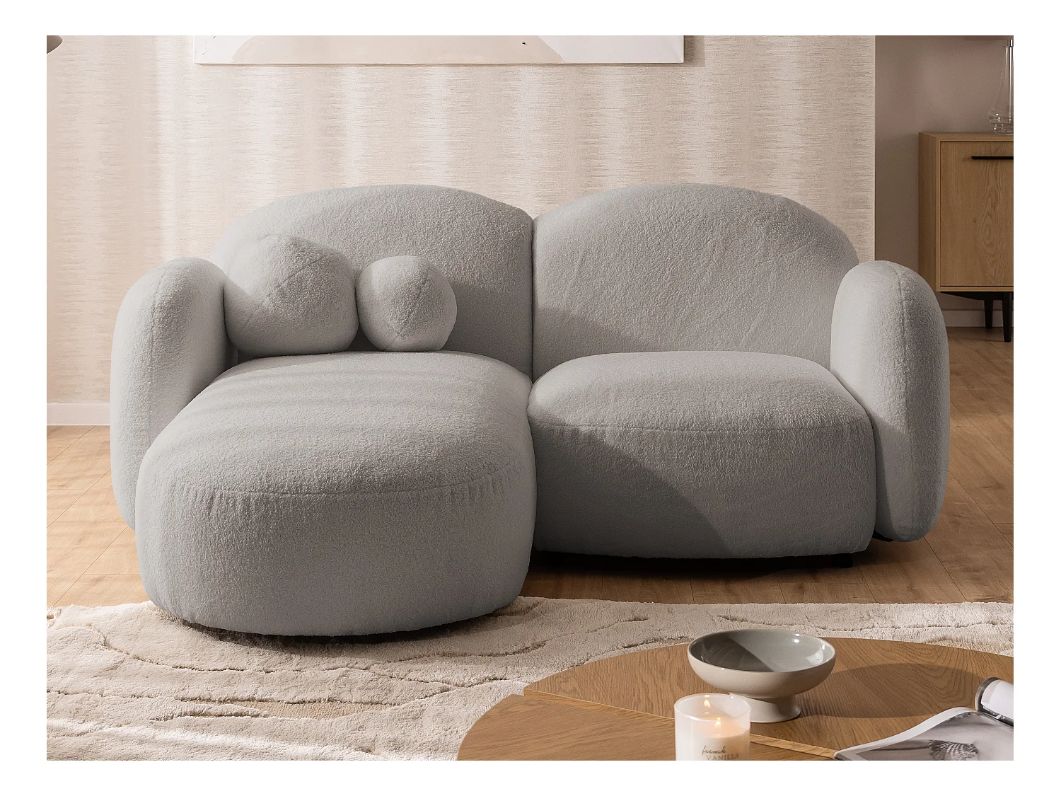 Nuvola - Moderne Ecksofa L-Form aus Hellgrau Bouclé-Stoff mit abgerundetem Design und hohem Sitzkomfort