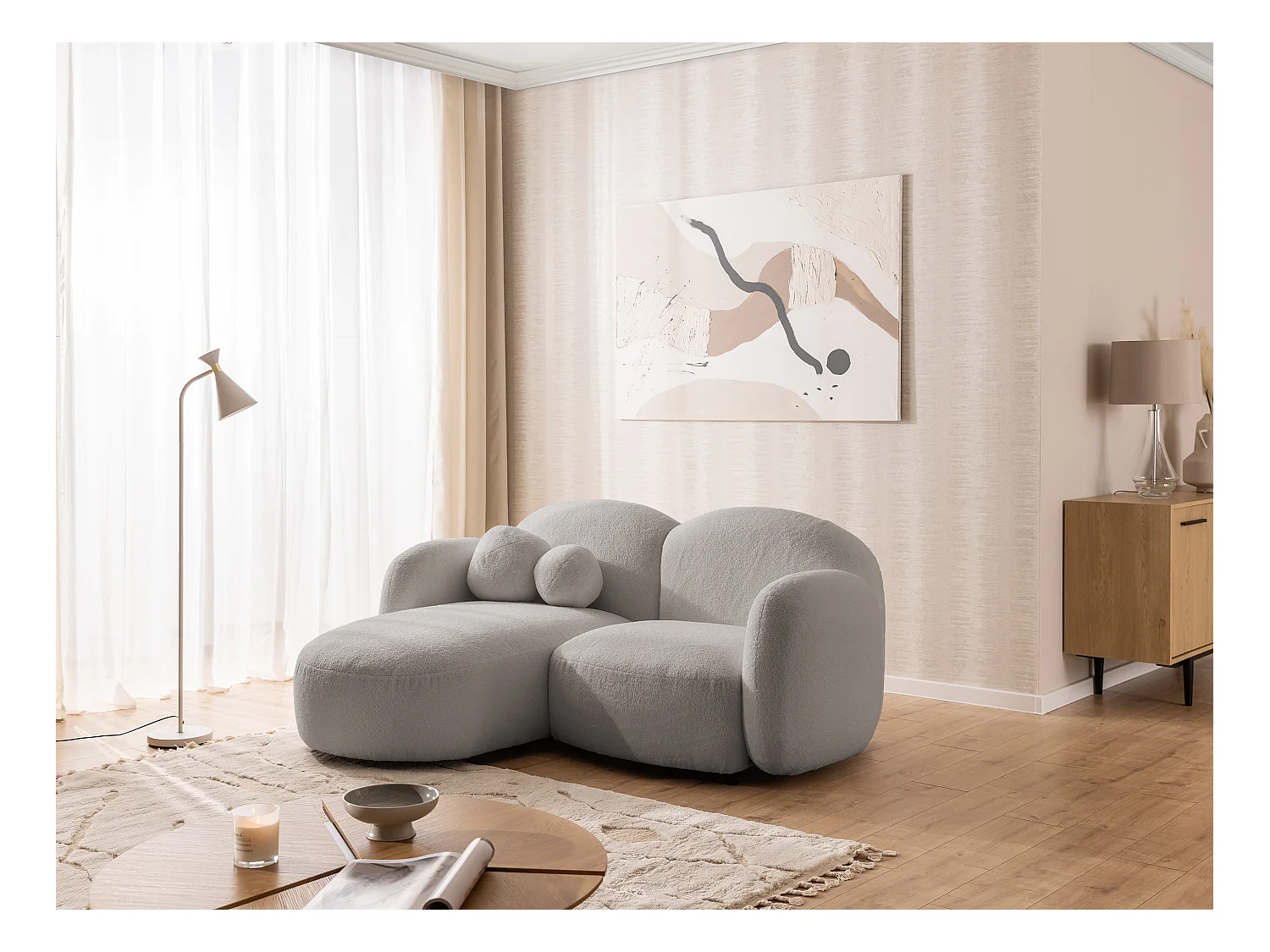 Nuvola - Moderne Ecksofa L-Form aus Hellgrau Bouclé-Stoff mit abgerundetem Design und hohem Sitzkomfort