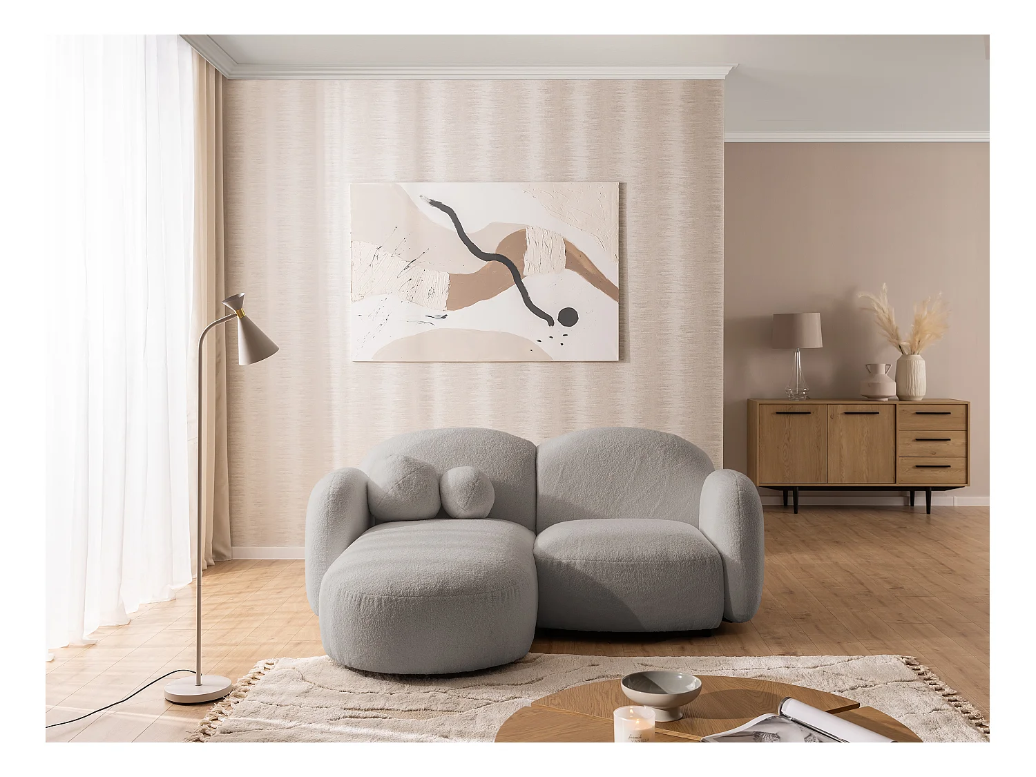 Nuvola - Moderne Ecksofa L-Form aus Hellgrau Bouclé-Stoff mit abgerundetem Design und hohem Sitzkomfort