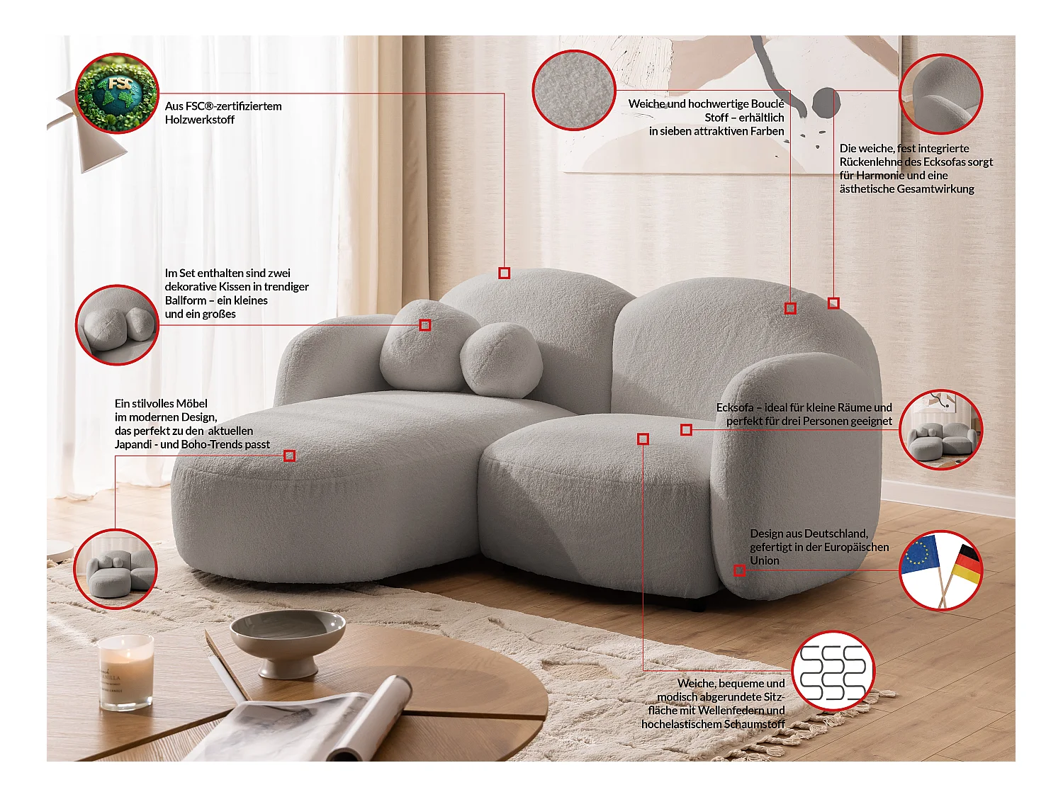 Nuvola - Moderne Ecksofa L-Form aus Hellgrau Bouclé-Stoff mit abgerundetem Design und hohem Sitzkomfort