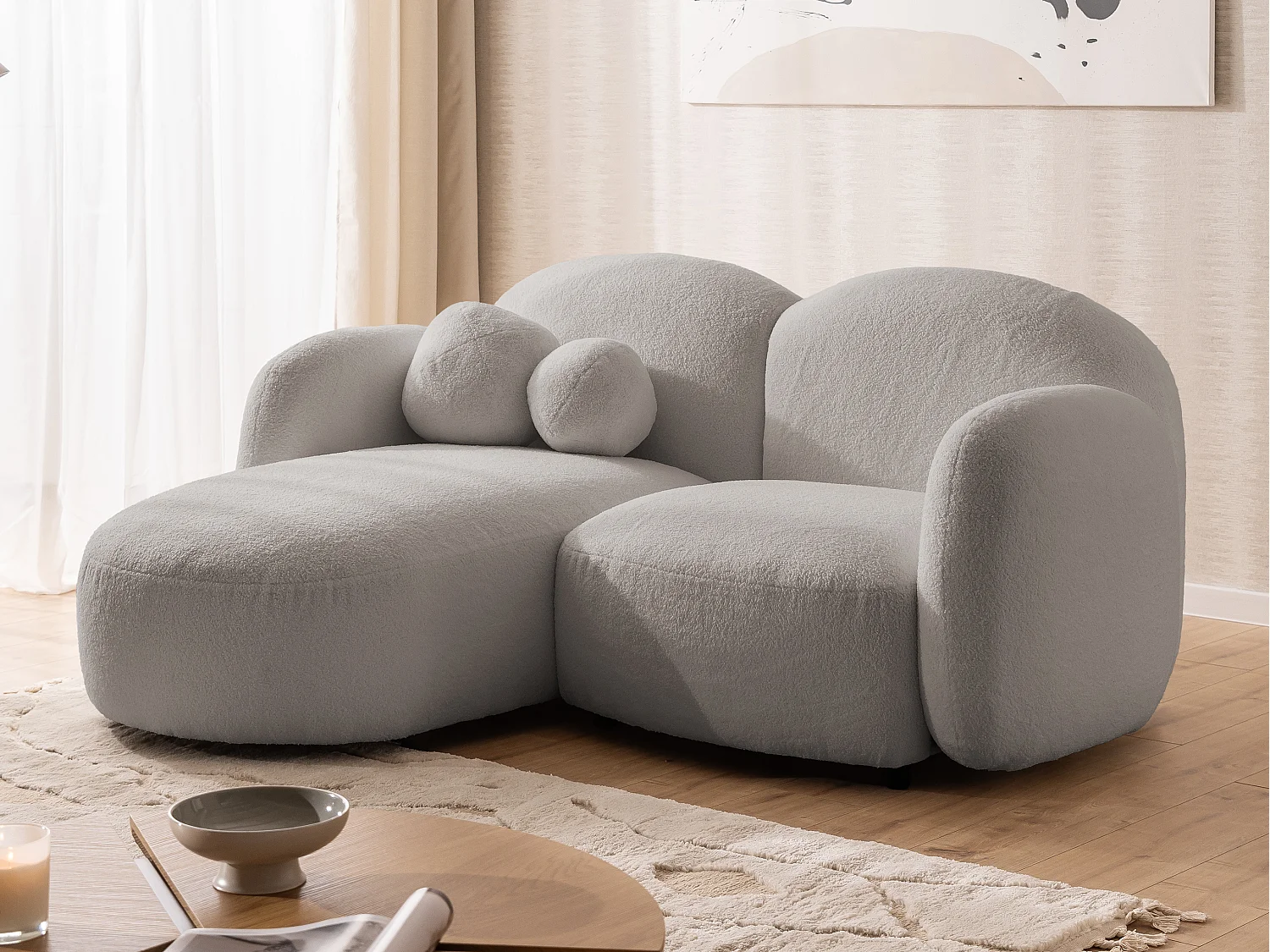 Nuvola - Moderne Ecksofa L-Form aus Hellgrau Bouclé-Stoff mit abgerundetem Design und hohem Sitzkomfort