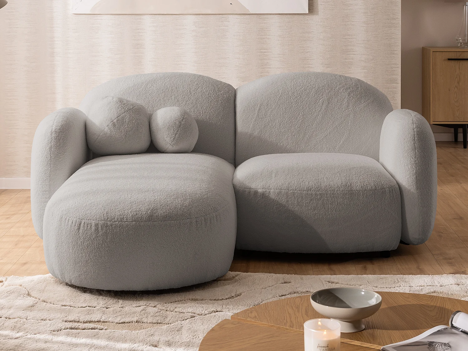 Nuvola - Moderne Ecksofa L-Form aus Hellgrau Bouclé-Stoff mit abgerundetem Design und hohem Sitzkomfort