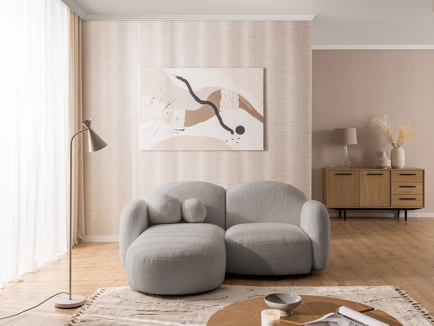 Nuvola - Moderne Ecksofa L-Form aus Hellgrau Bouclé-Stoff mit abgerundetem Design und hohem Sitzkomfort