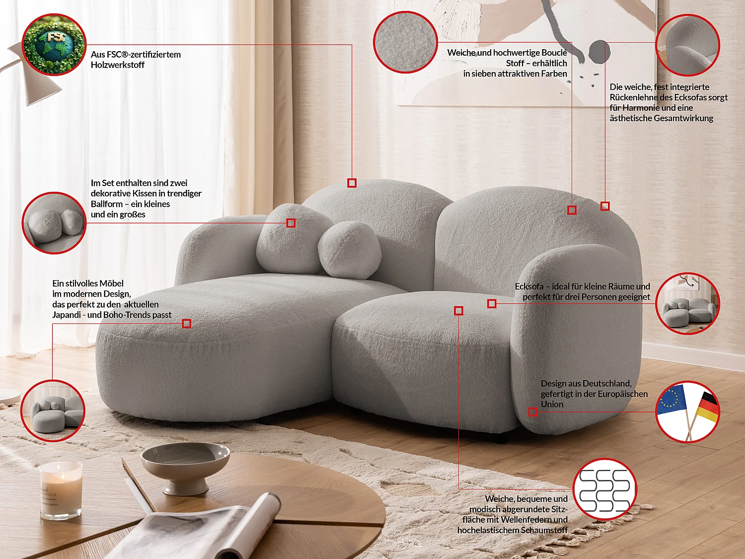 Nuvola - Moderne Ecksofa L-Form aus Hellgrau Bouclé-Stoff mit abgerundetem Design und hohem Sitzkomfort