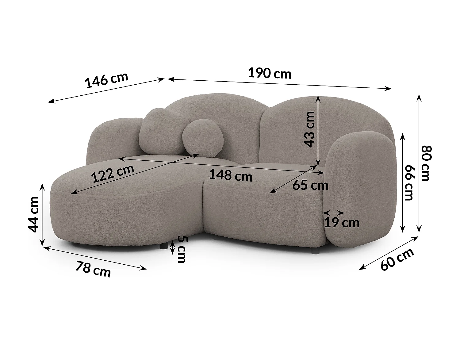 Nuvola - Moderne Ecksofa L-Form aus Hellgrau Bouclé-Stoff mit abgerundetem Design und hohem Sitzkomfort