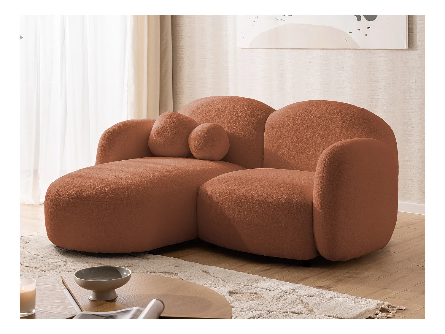 Nuvola - Moderne Ecksofa L-Form aus Terracotta Bouclé-Stoff mit abgerundetem Design und hohem Sitzkomfort