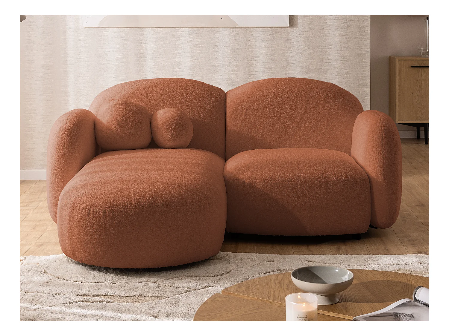 Nuvola - Moderne Ecksofa L-Form aus Terracotta Bouclé-Stoff mit abgerundetem Design und hohem Sitzkomfort