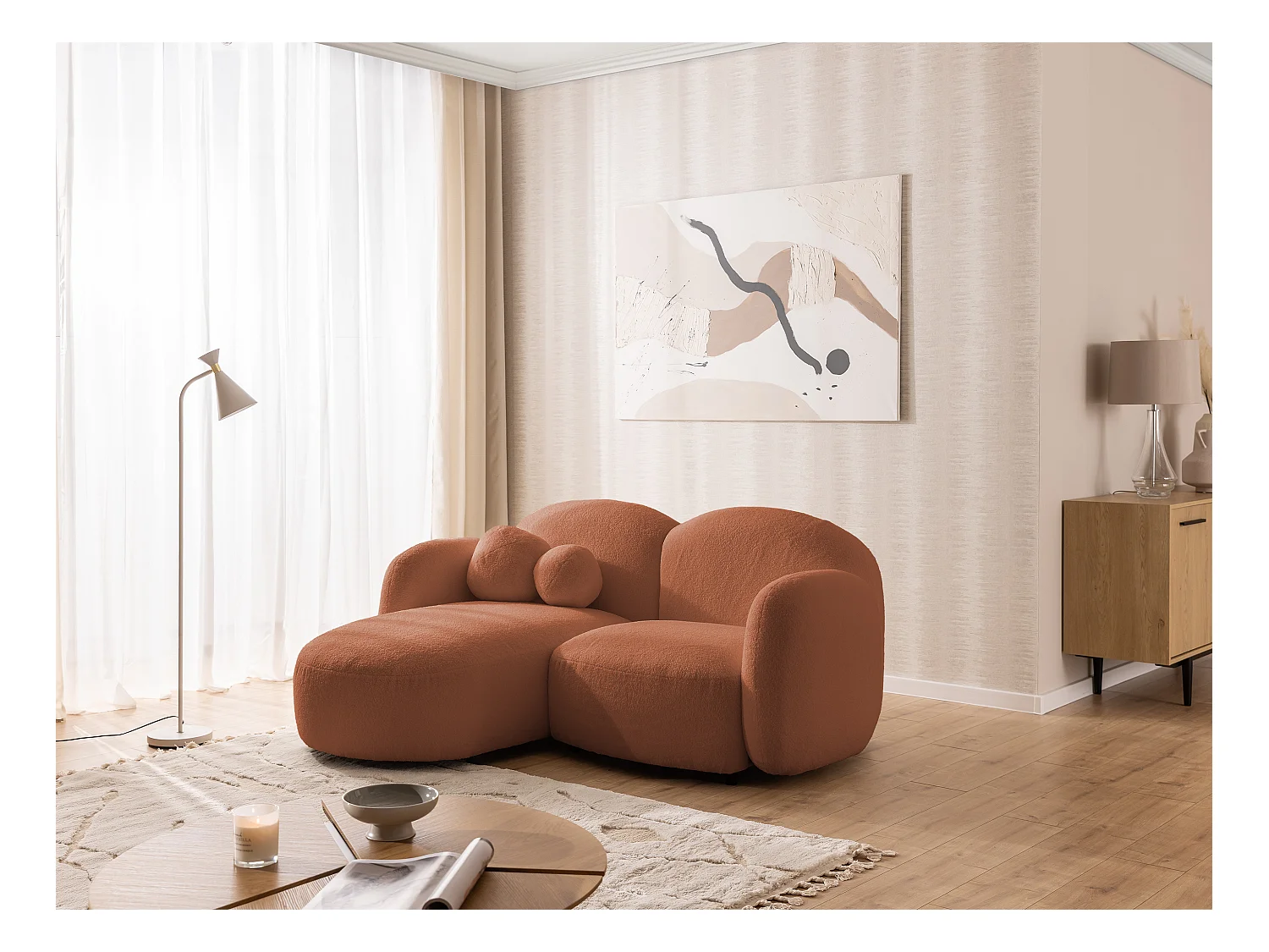 Nuvola - Moderne Ecksofa L-Form aus Terracotta Bouclé-Stoff mit abgerundetem Design und hohem Sitzkomfort