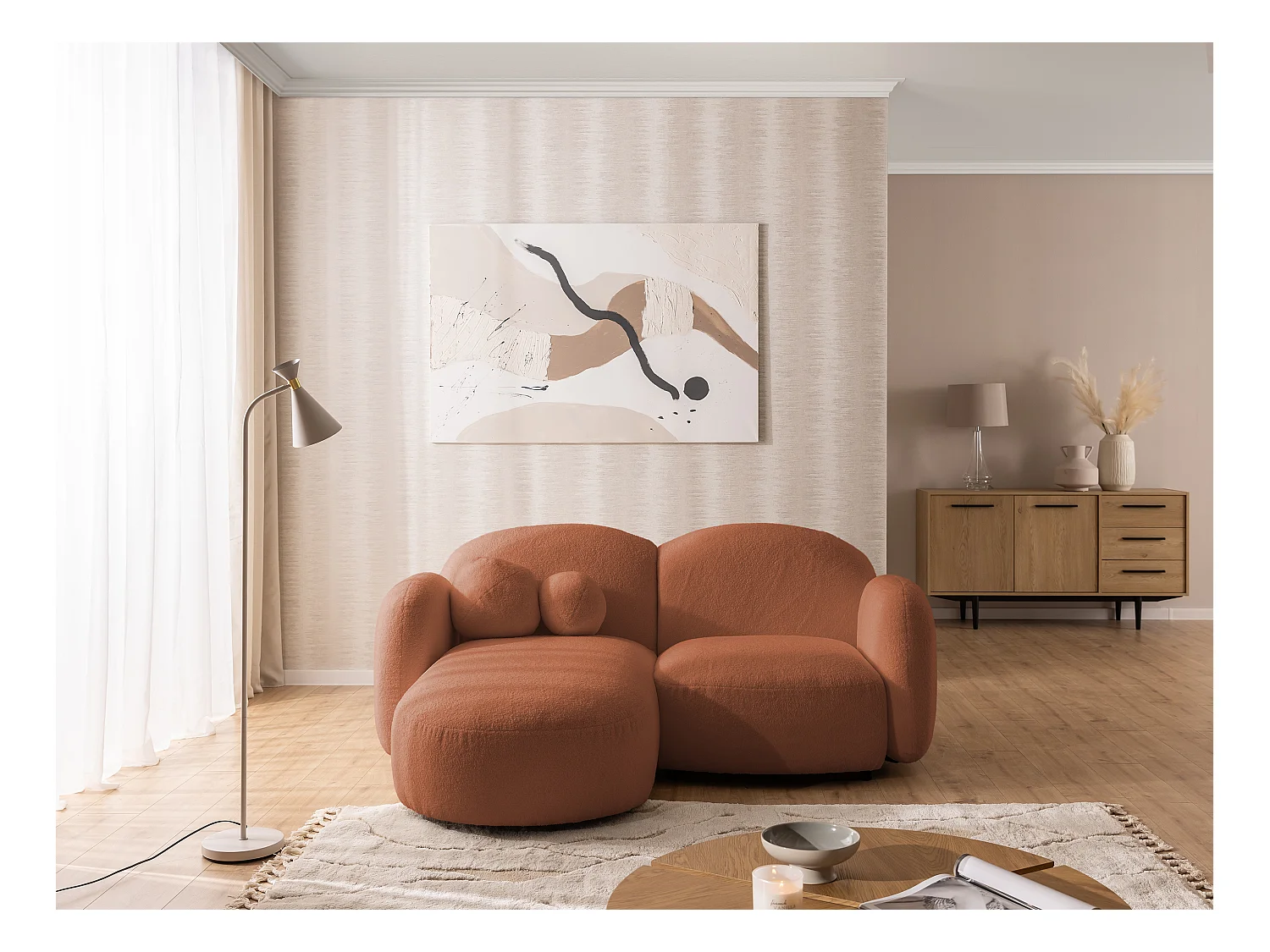 Nuvola - Moderne Ecksofa L-Form aus Terracotta Bouclé-Stoff mit abgerundetem Design und hohem Sitzkomfort