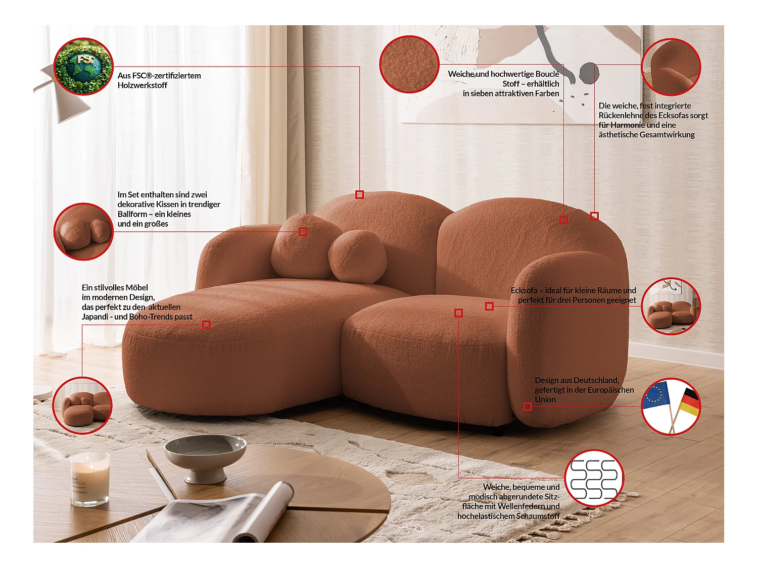 Nuvola - Moderne Ecksofa L-Form aus Terracotta Bouclé-Stoff mit abgerundetem Design und hohem Sitzkomfort