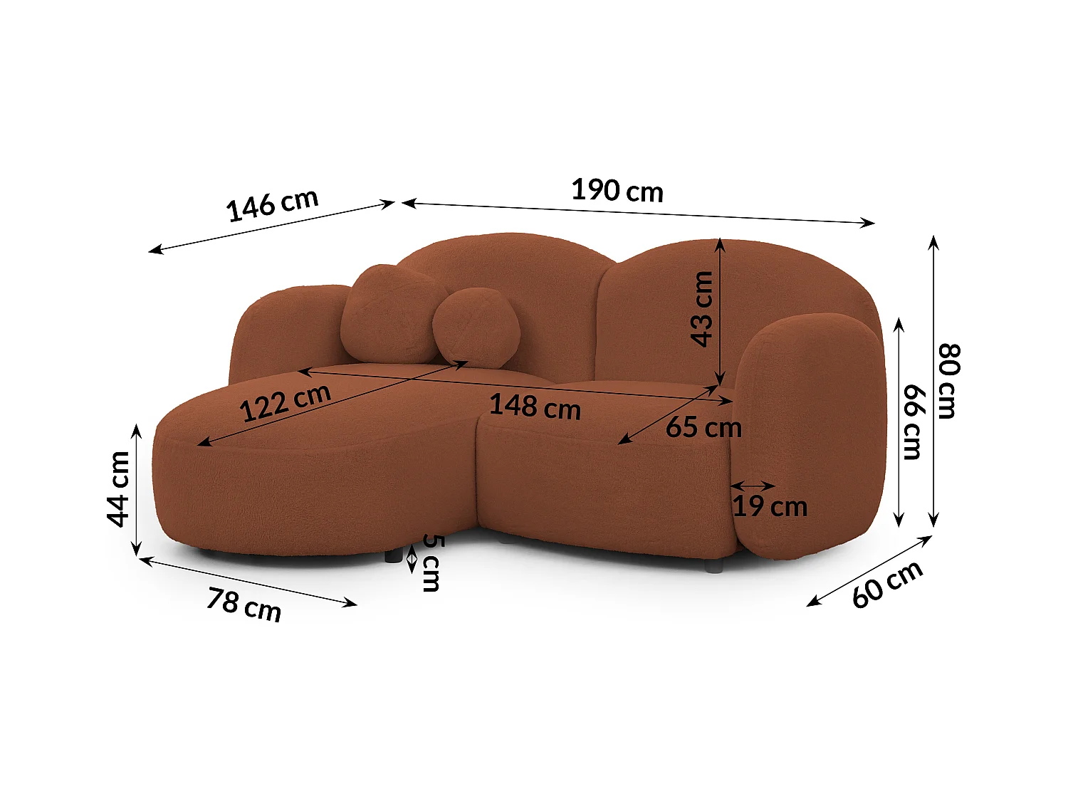 Nuvola - Moderne Ecksofa L-Form aus Terracotta Bouclé-Stoff mit abgerundetem Design und hohem Sitzkomfort