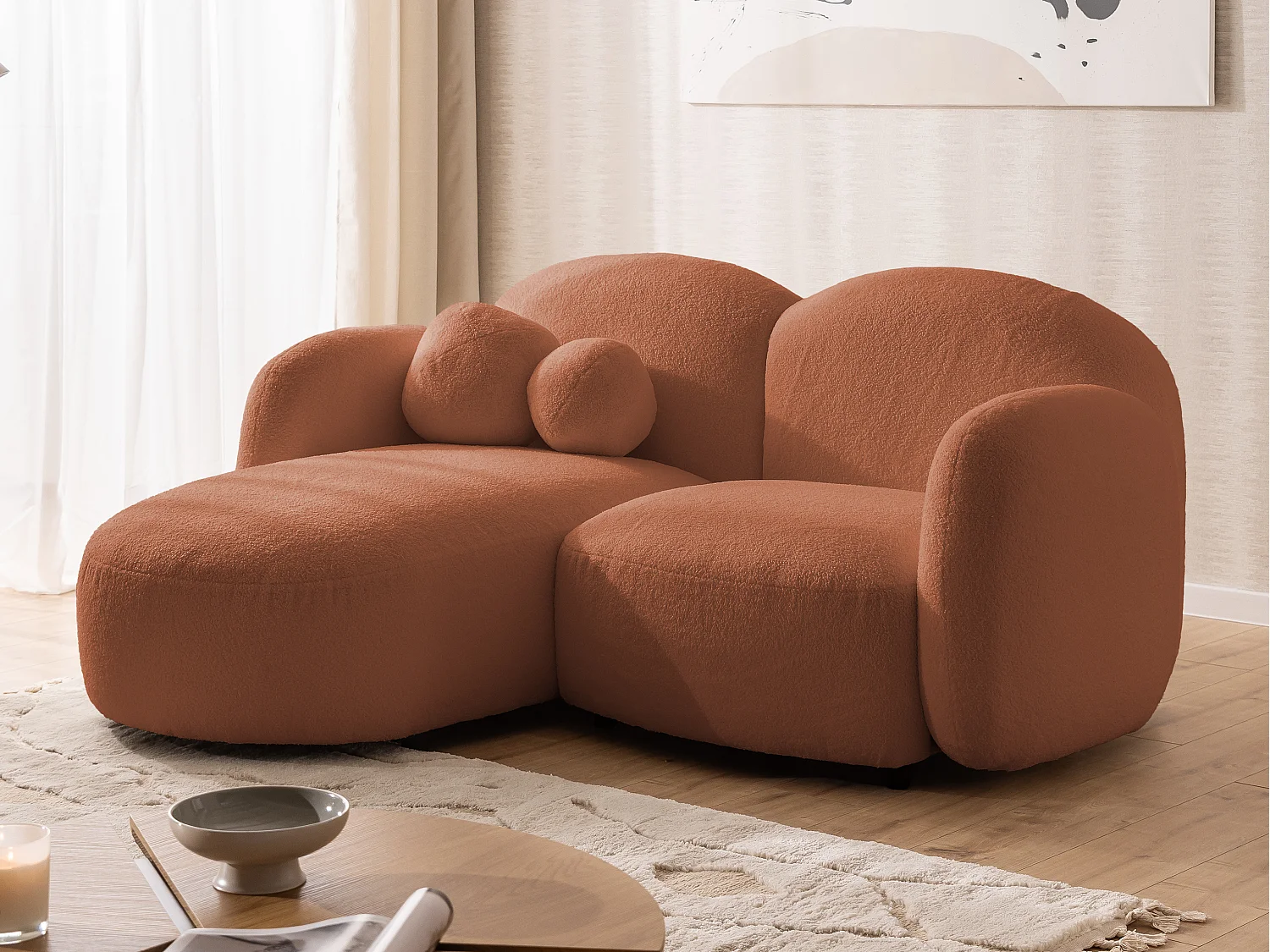 Nuvola - Moderne Ecksofa L-Form aus Terracotta Bouclé-Stoff mit abgerundetem Design und hohem Sitzkomfort