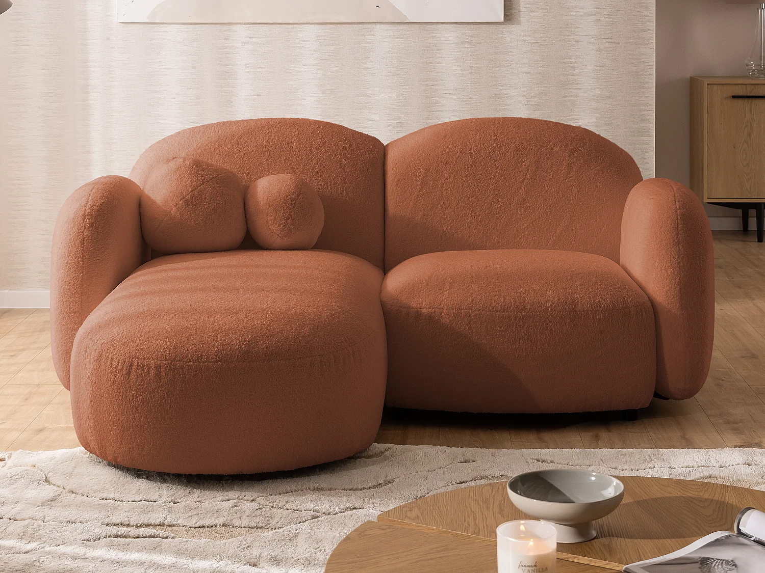 Nuvola - Moderne Ecksofa L-Form aus Terracotta Bouclé-Stoff mit abgerundetem Design und hohem Sitzkomfort