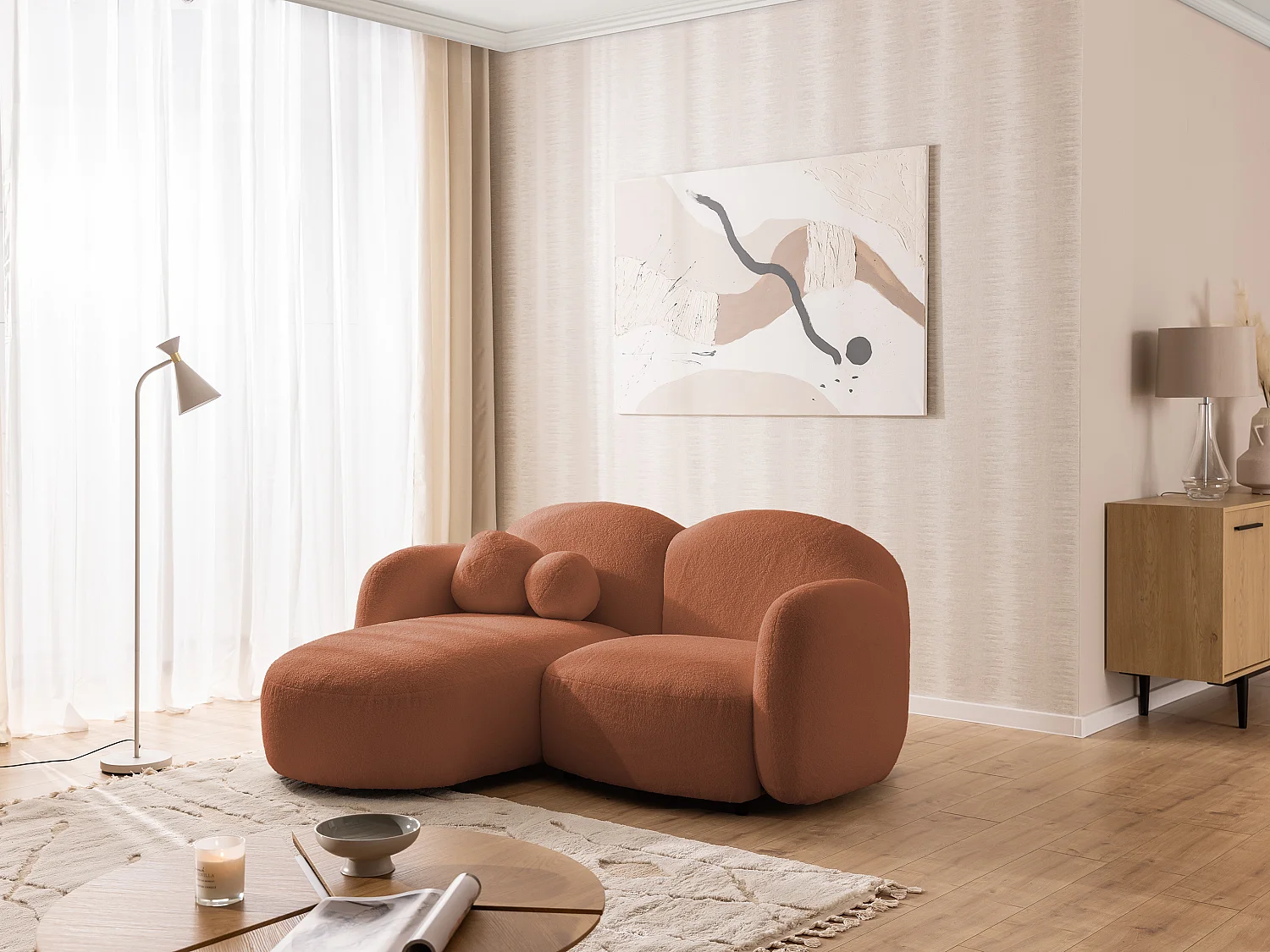 Nuvola - Moderne Ecksofa L-Form aus Terracotta Bouclé-Stoff mit abgerundetem Design und hohem Sitzkomfort