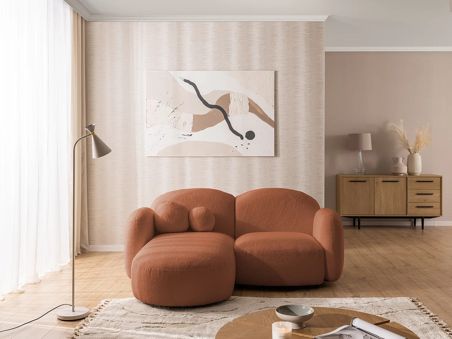 Nuvola - Moderne Ecksofa L-Form aus Terracotta Bouclé-Stoff mit abgerundetem Design und hohem Sitzkomfort