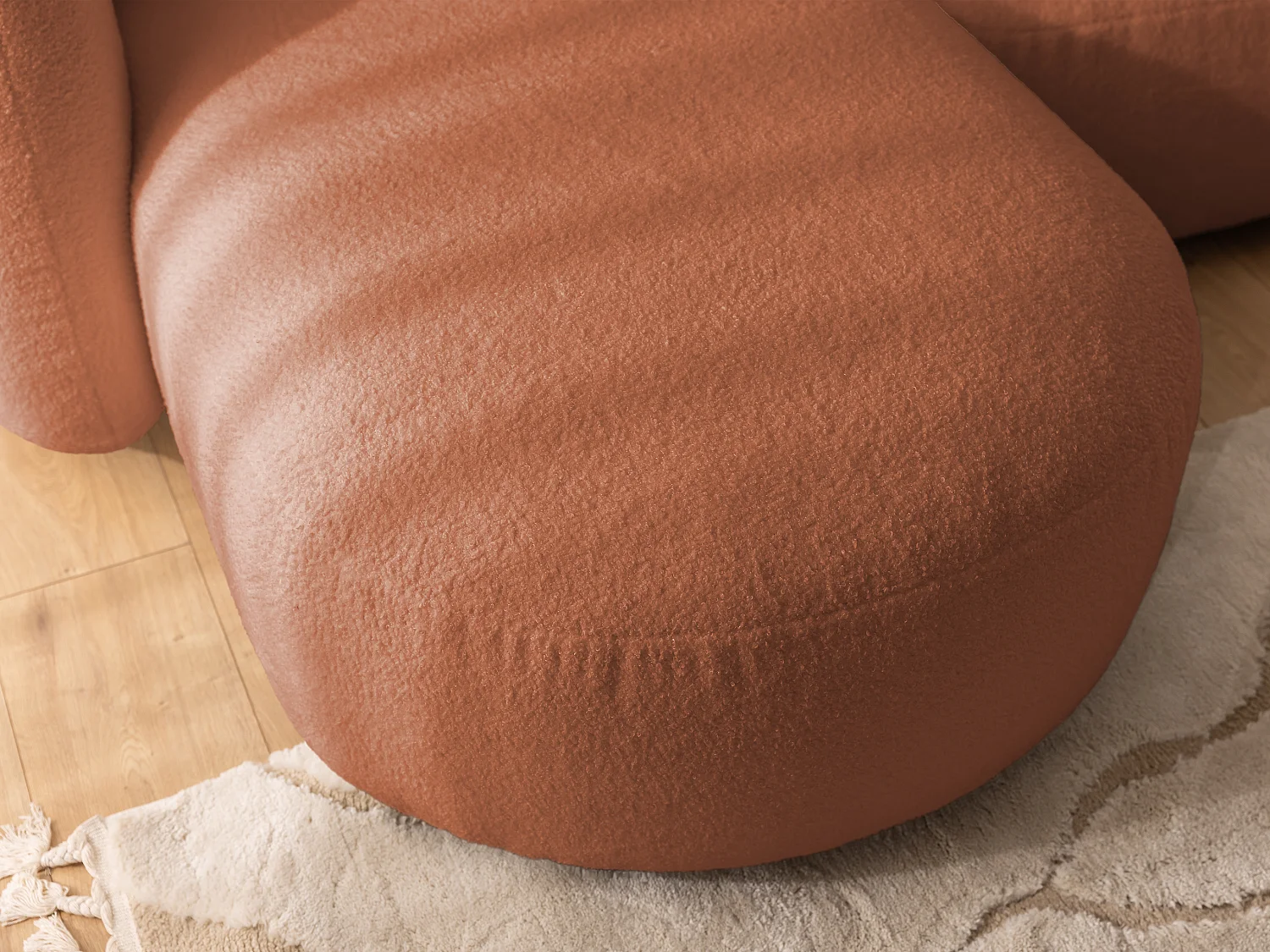 Nuvola - Moderne Ecksofa L-Form aus Terracotta Bouclé-Stoff mit abgerundetem Design und hohem Sitzkomfort