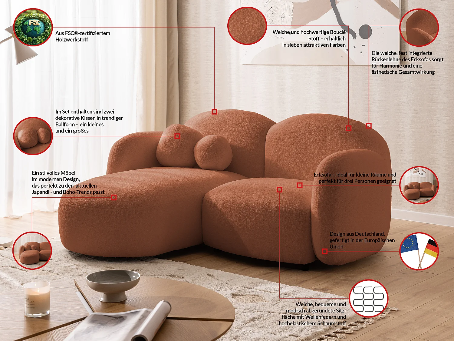 Nuvola - Moderne Ecksofa L-Form aus Terracotta Bouclé-Stoff mit abgerundetem Design und hohem Sitzkomfort