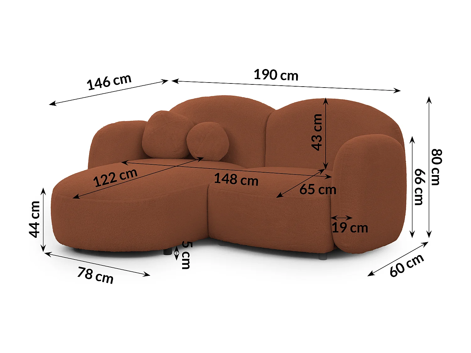 Nuvola - Moderne Ecksofa L-Form aus Terracotta Bouclé-Stoff mit abgerundetem Design und hohem Sitzkomfort