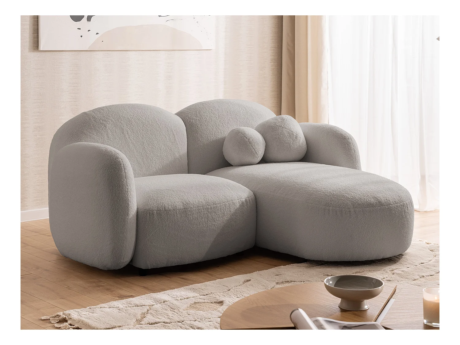 Nuvola - Moderne Ecksofa L-Form aus Hellgrau Bouclé-Stoff mit abgerundetem Design und hohem Sitzkomfort