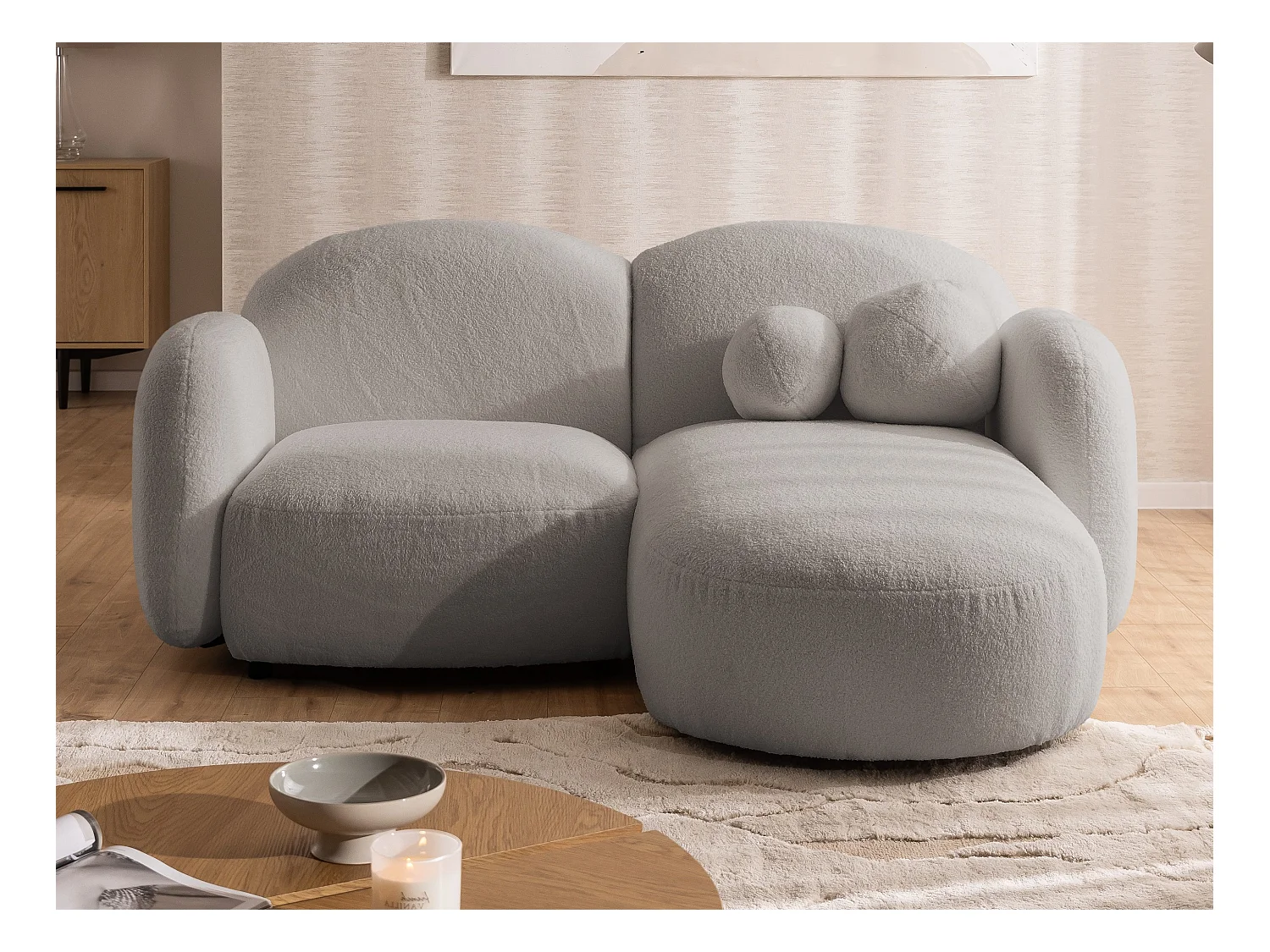 Nuvola - Moderne Ecksofa L-Form aus Hellgrau Bouclé-Stoff mit abgerundetem Design und hohem Sitzkomfort