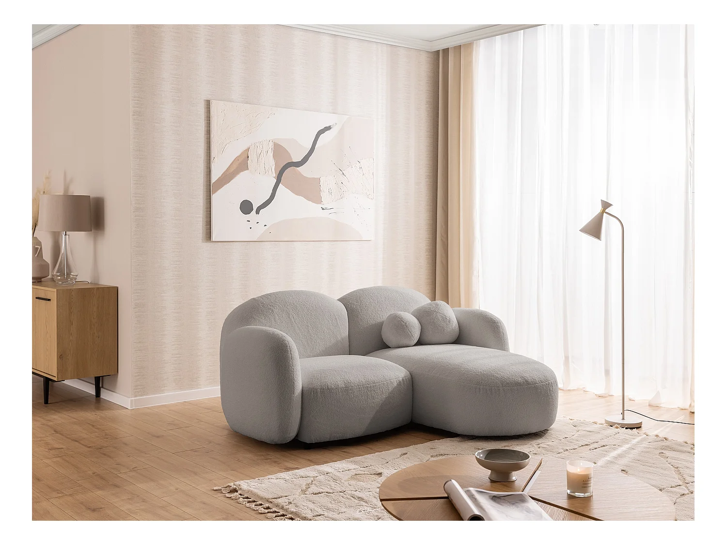 Nuvola - Moderne Ecksofa L-Form aus Hellgrau Bouclé-Stoff mit abgerundetem Design und hohem Sitzkomfort