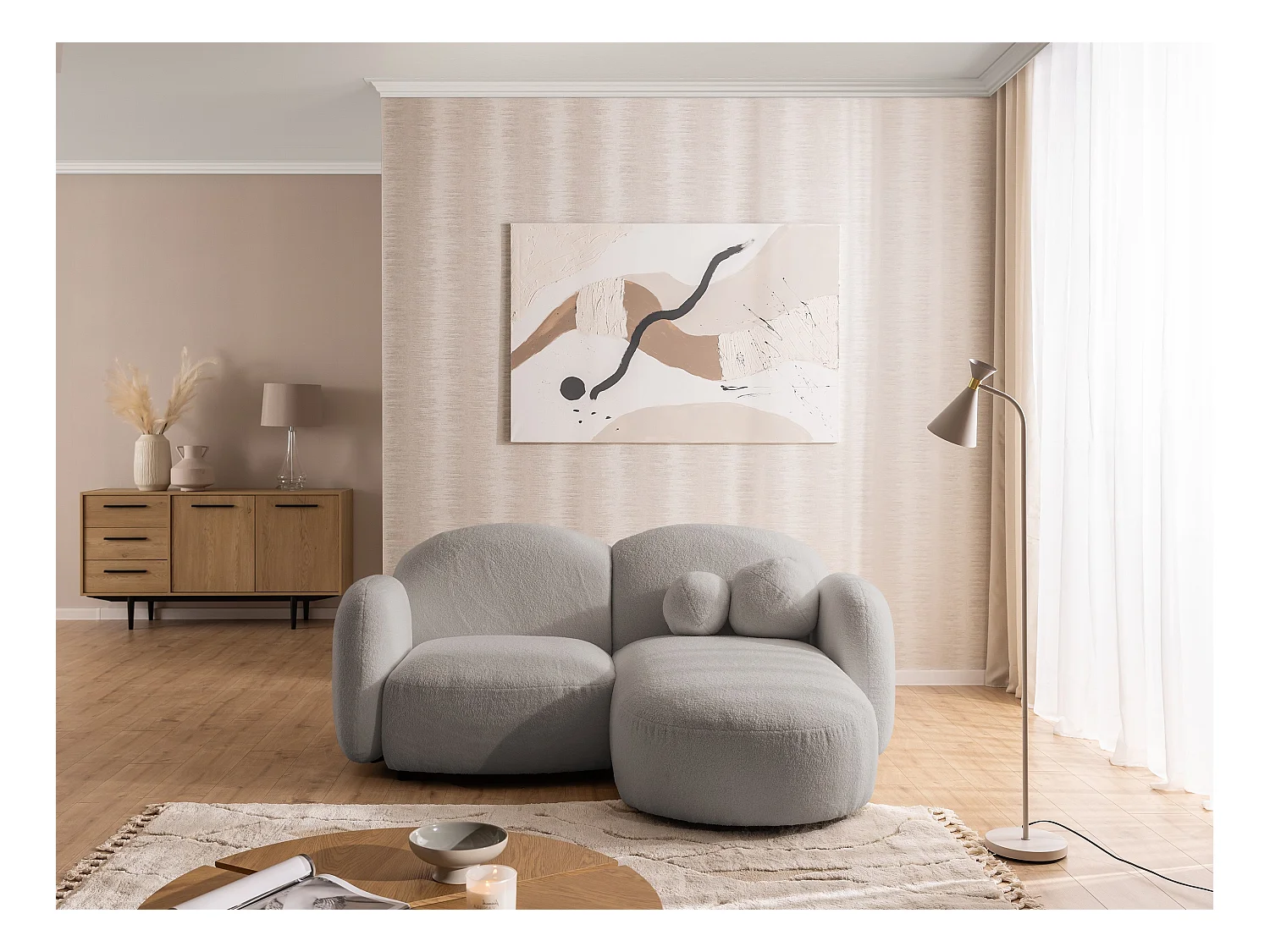 Nuvola - Moderne Ecksofa L-Form aus Hellgrau Bouclé-Stoff mit abgerundetem Design und hohem Sitzkomfort