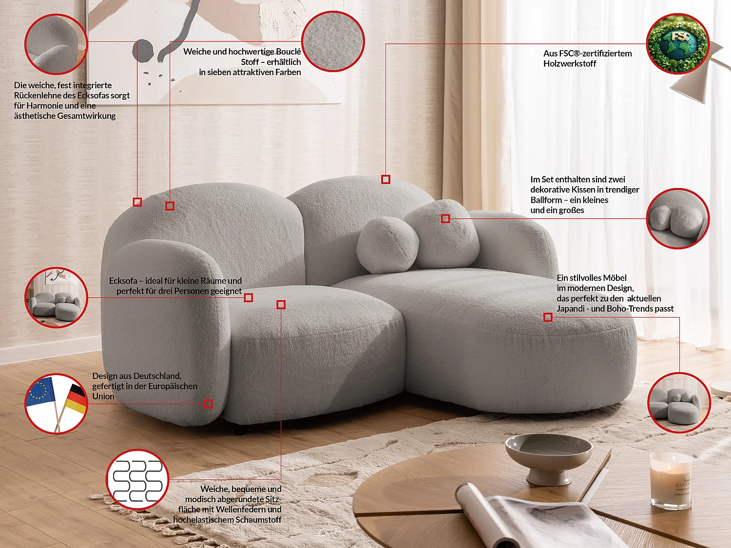 Nuvola - Moderne Ecksofa L-Form aus Hellgrau Bouclé-Stoff mit abgerundetem Design und hohem Sitzkomfort