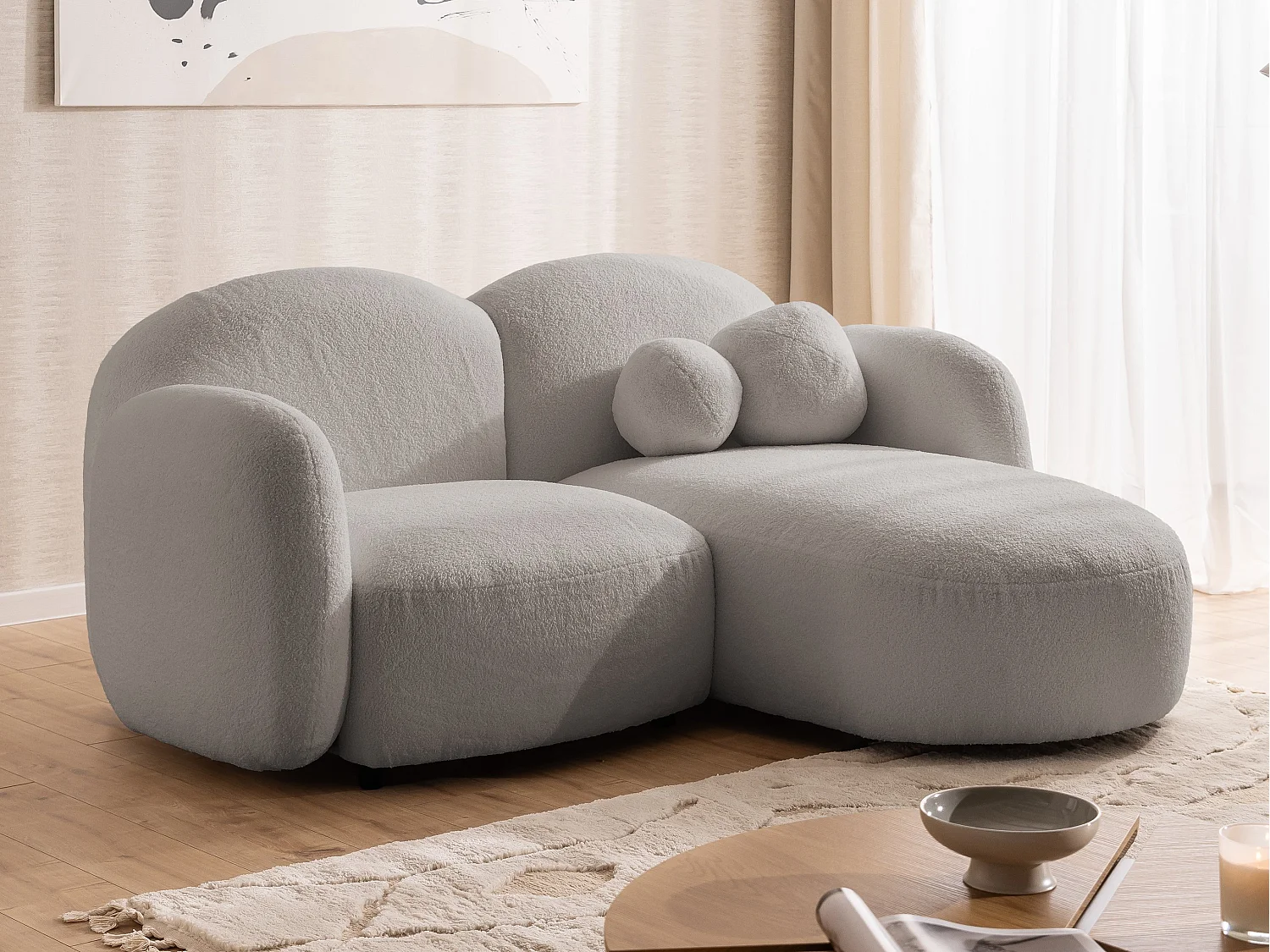 Nuvola - Moderne Ecksofa L-Form aus Hellgrau Bouclé-Stoff mit abgerundetem Design und hohem Sitzkomfort